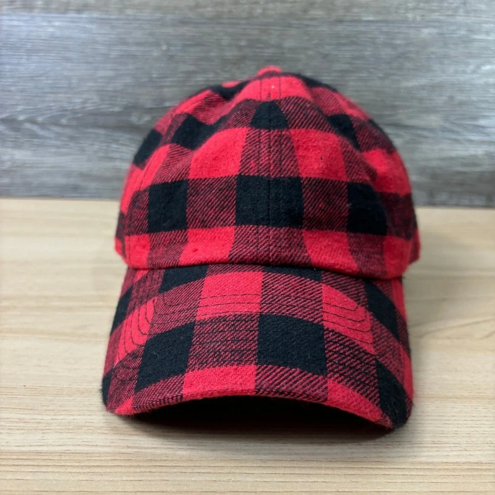 Flannel Hat Cap Strap Back Womens Red Black Plaid‎ Outdoors One Size Adjustable